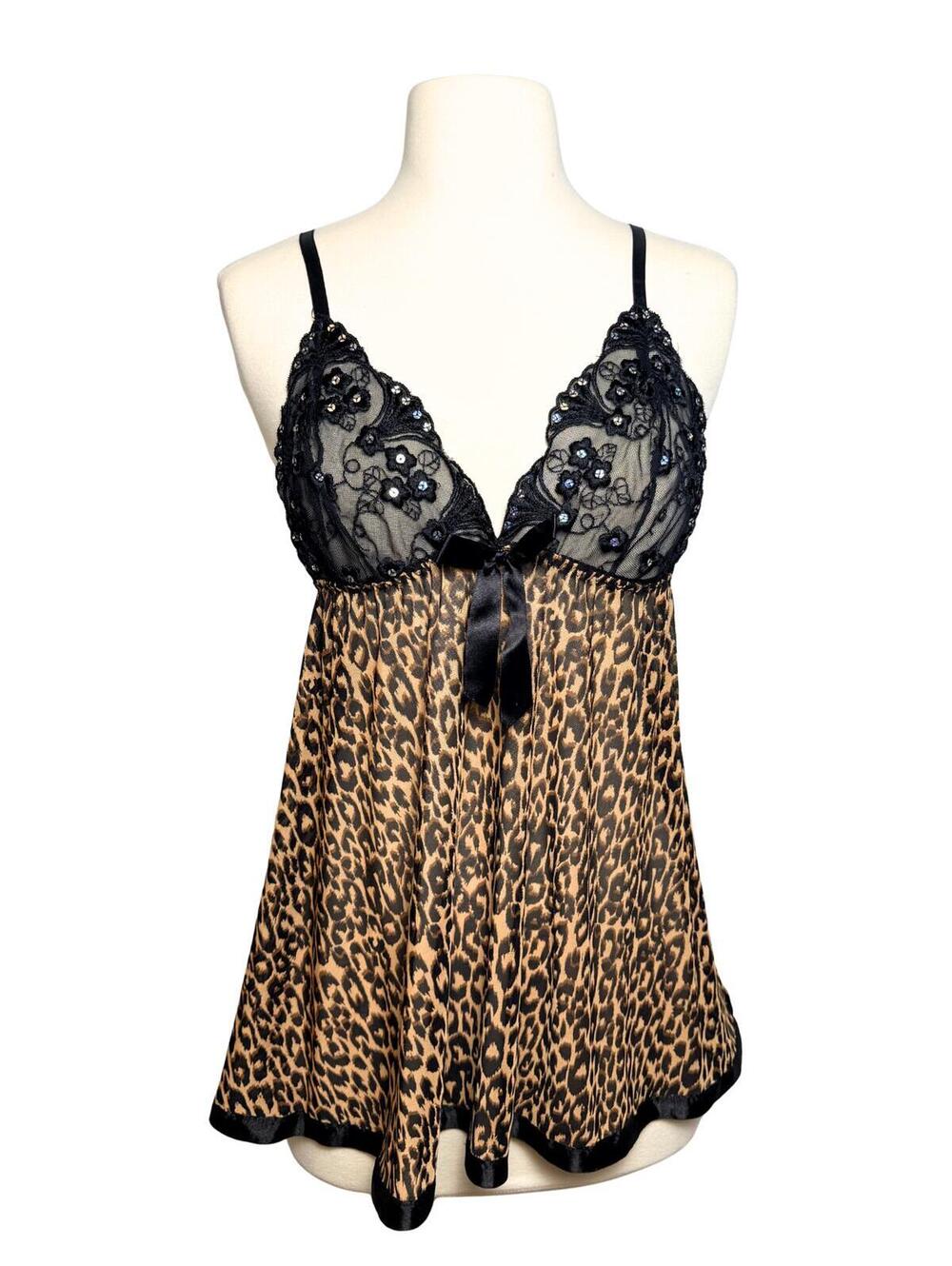 Y2K Leopard Print Babydoll Cami Lace Sequin Lingerie Top Animal Print Sleepwear